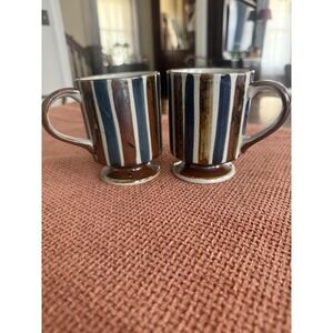 Cute Striped Footed Mugs Brown & Blue Handprinted earthy‎ tones Set of 2